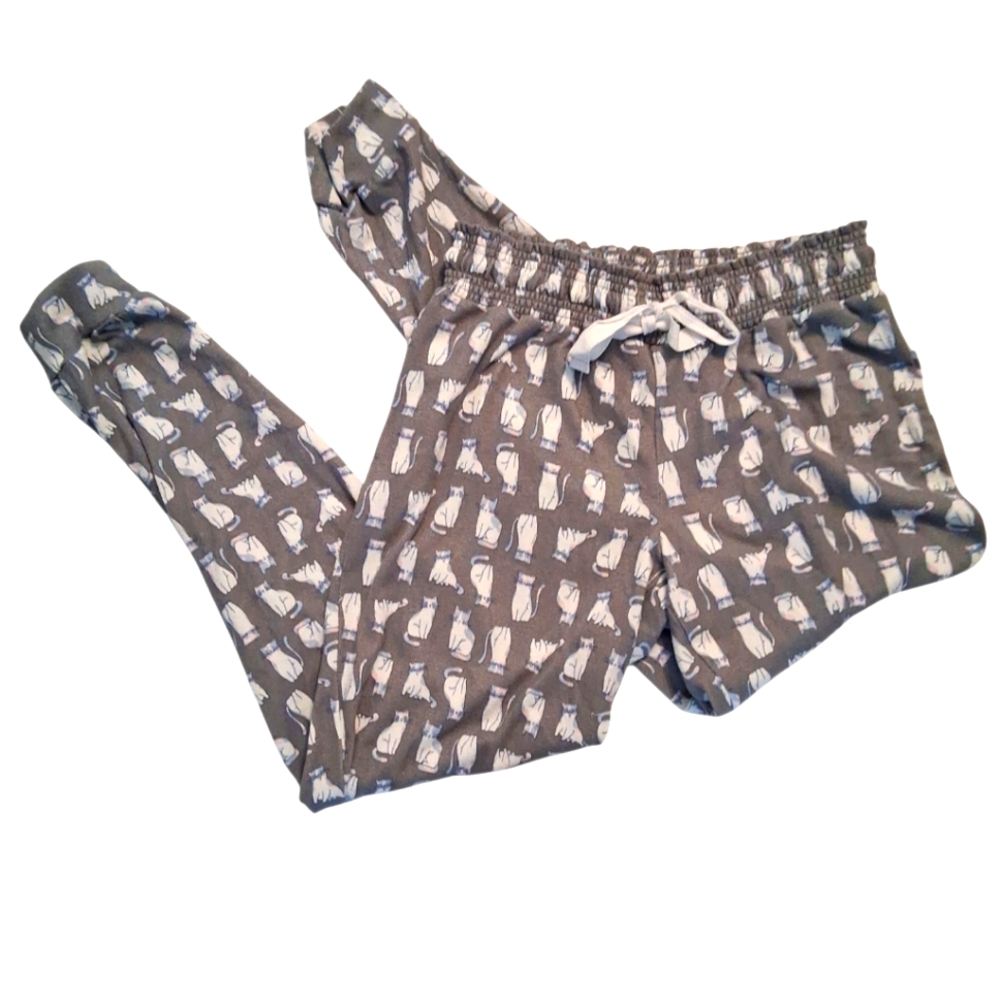 Goodnight Kiss Gray Pajama Pants with White Cat Pattern Size S